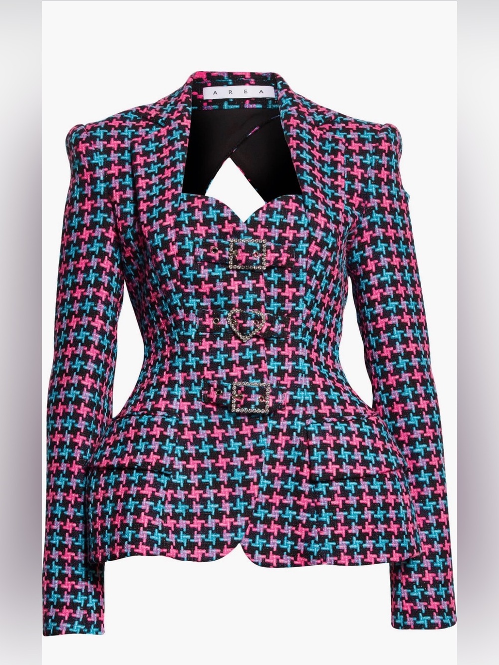 AREA Pink and Blue Tweed Peplum Blazer with Jewel Buttons